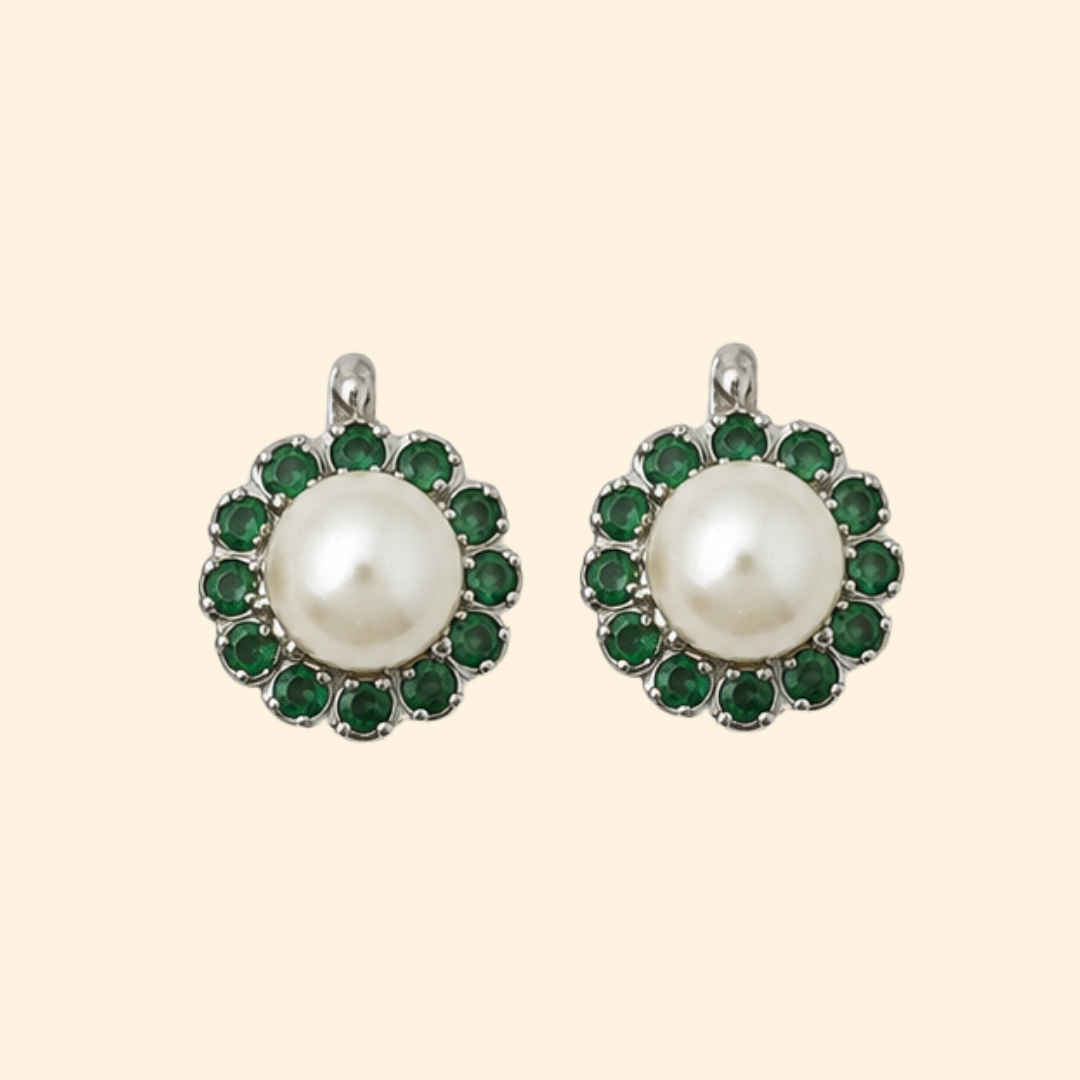Corallina Earrings in White Pearl & Emerald