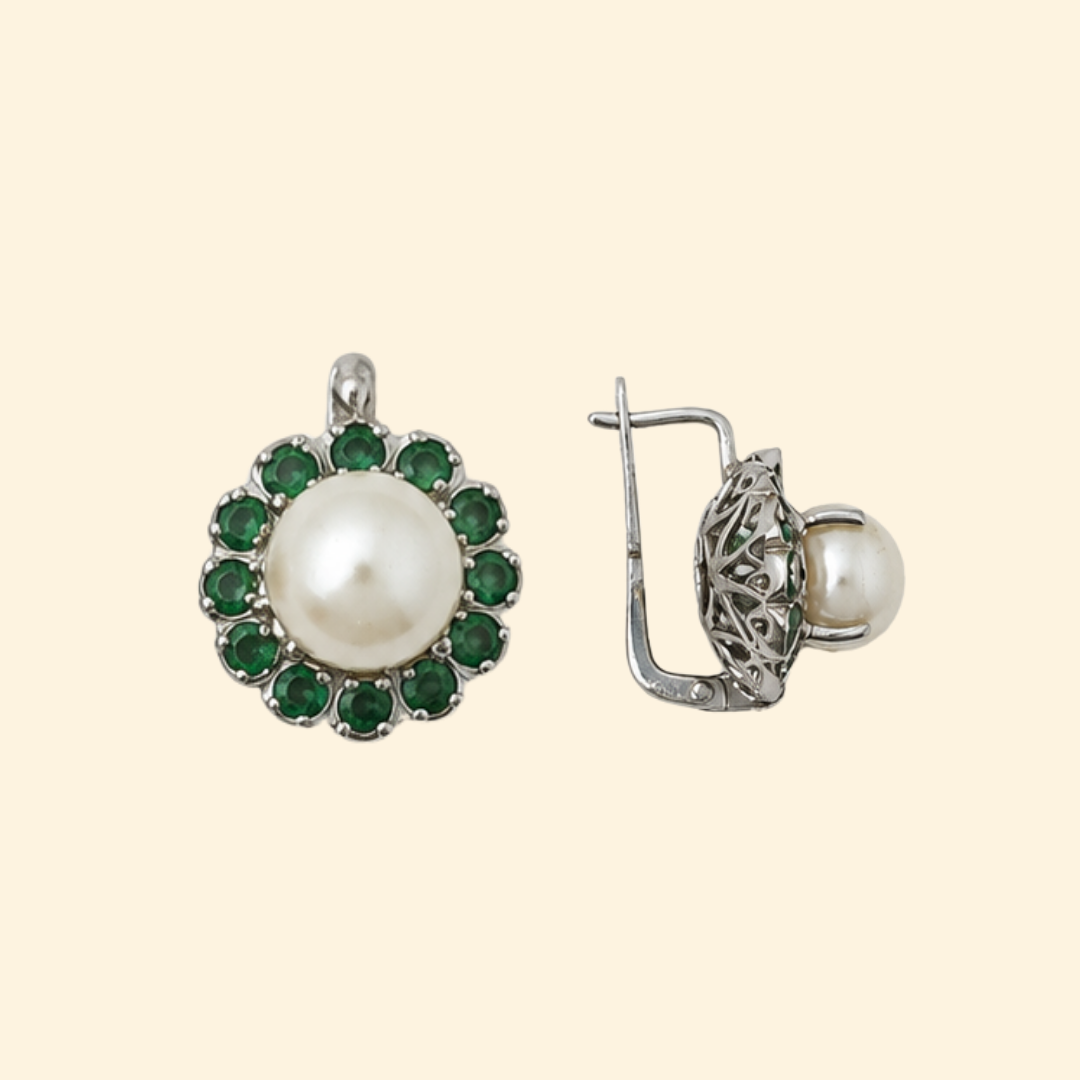 Corallina Earrings in White Pearl & Emerald