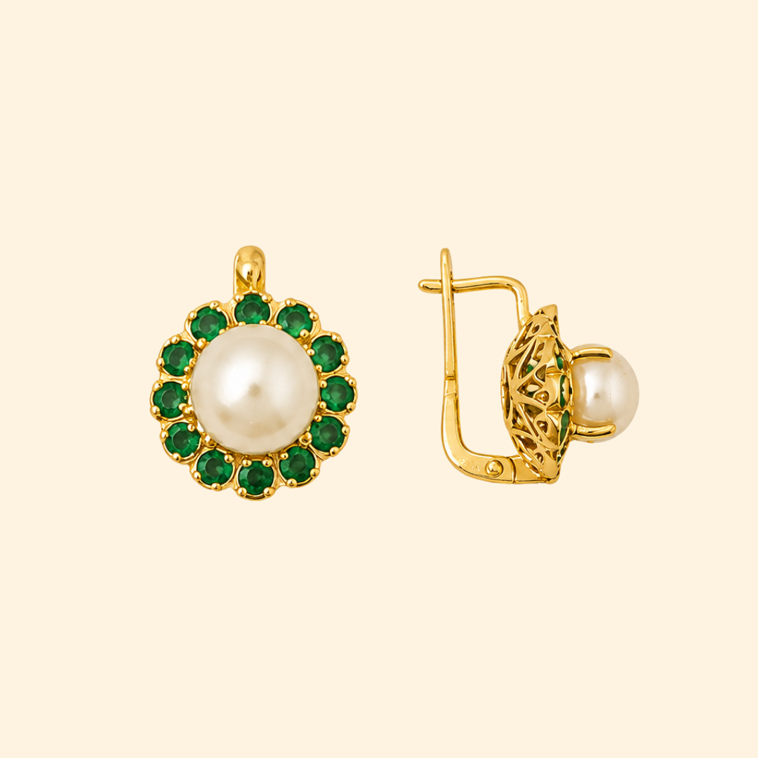 Corallina Earrings in White Pearl & Emerald
