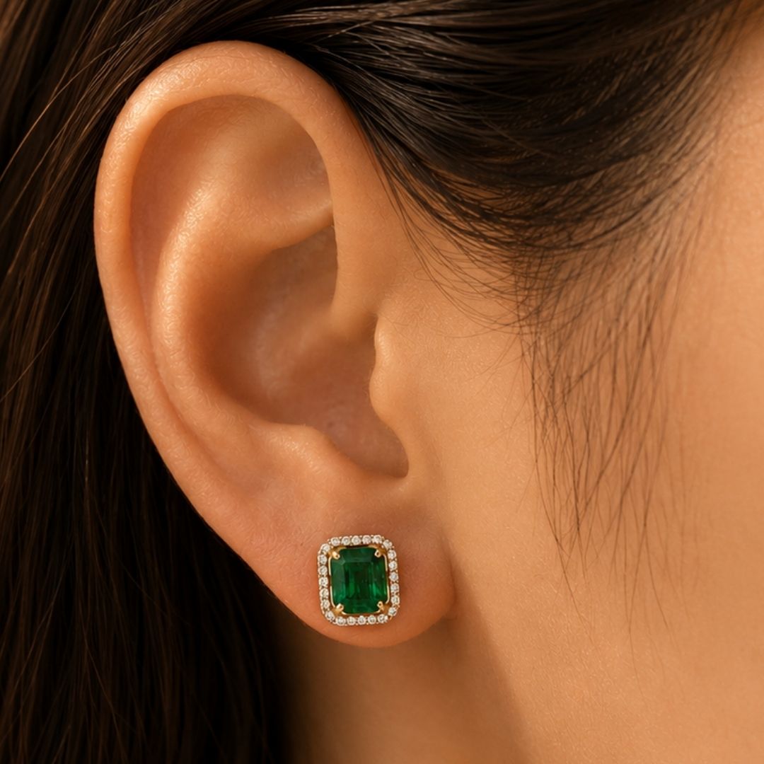 Octagon Zambian Emerald & Diamond Halo Stud