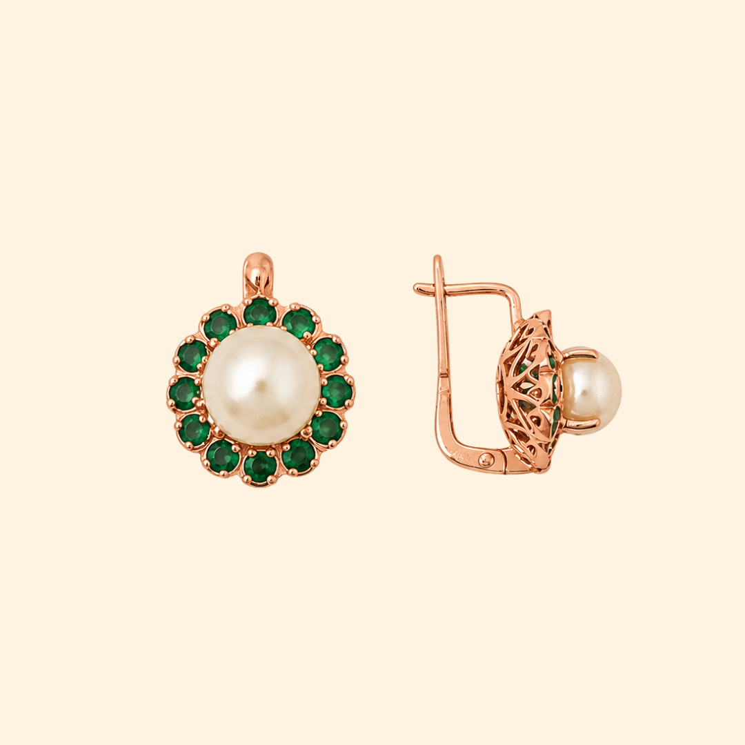 Corallina Earrings in White Pearl & Emerald