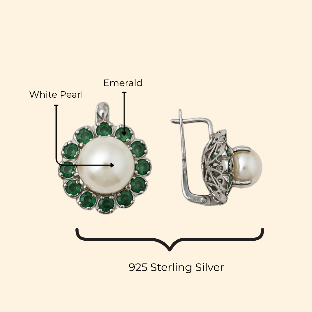 Corallina Earrings in White Pearl & Emerald