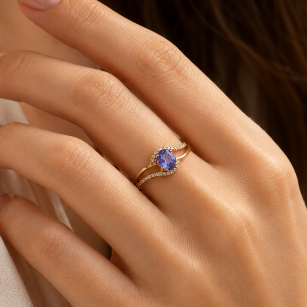Oval Tanzanite & Diamond Crossover Ring