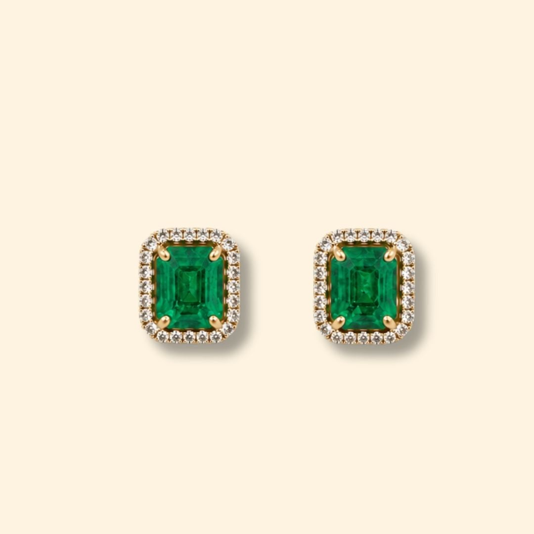 Octagon Zambian Emerald & Diamond Halo Stud