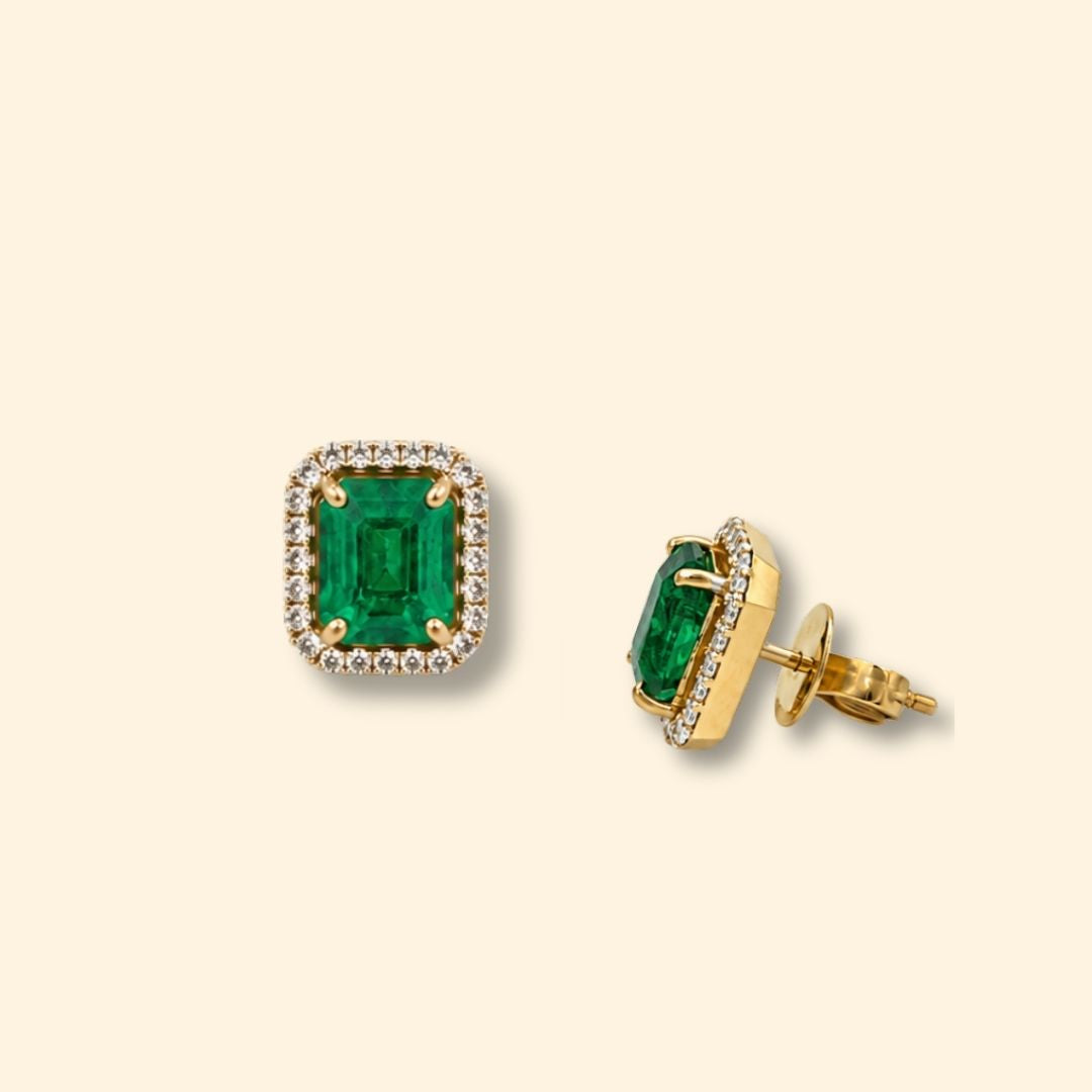 Octagon Zambian Emerald & Diamond Halo Stud