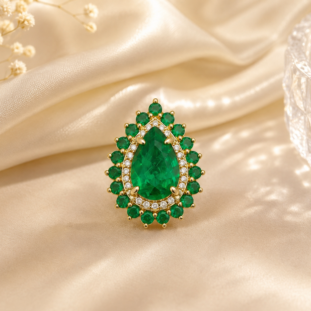 Pear Emerald Diamond Double Halo Pendant
