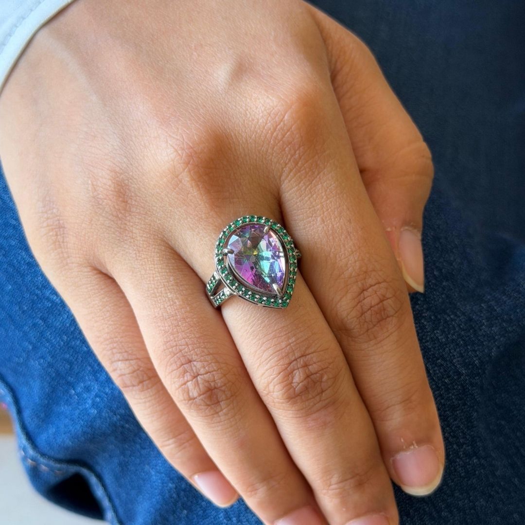 Pear Corallina Ring in Mystic Quartz