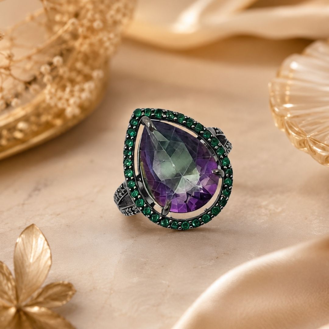 Pear Corallina Ring in Mystic Quartz