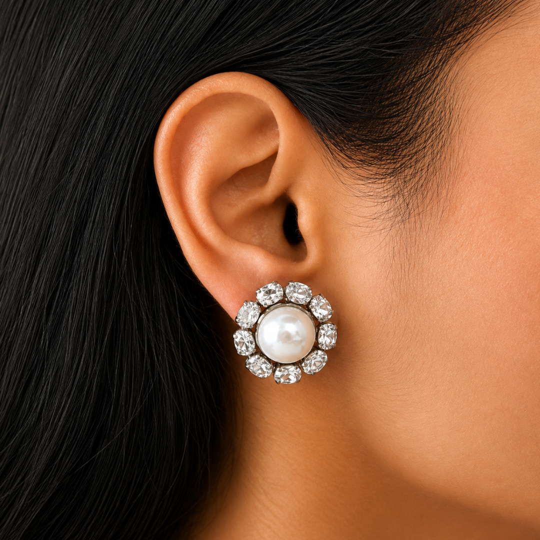 Sunflower Earrings in Pearl & Aquamarine