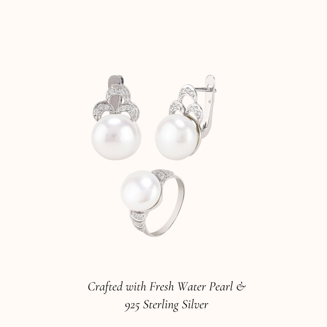 Three Leaf Pearl Ring & Earring Set