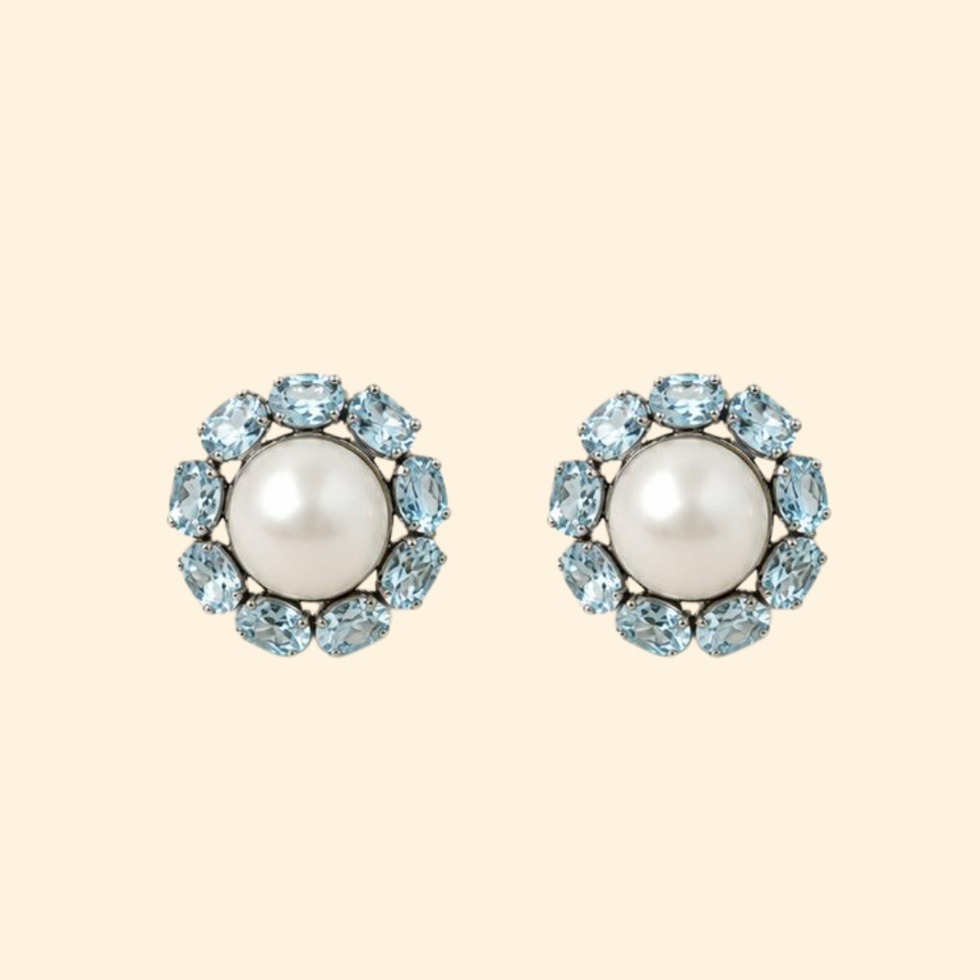 Sunflower Earrings in Pearl & Aquamarine