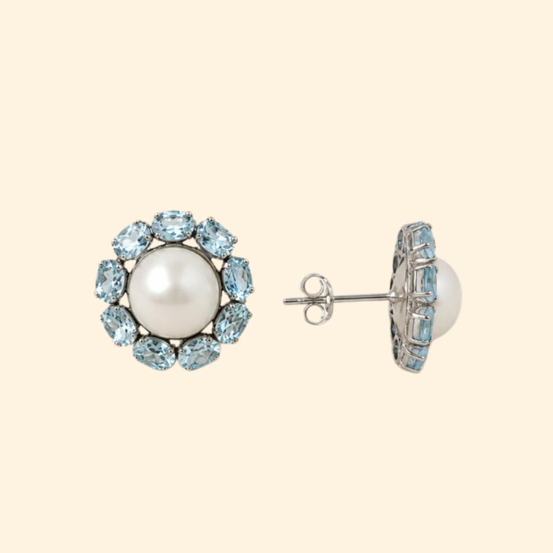Sunflower Earrings in Pearl & Aquamarine