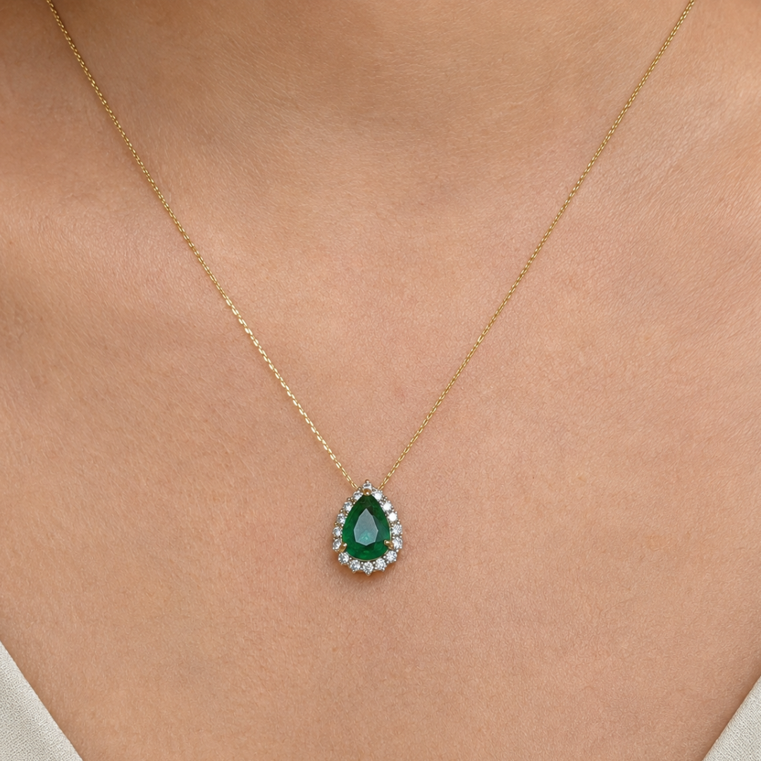 Pear Emerald Diamond Halo Pendant