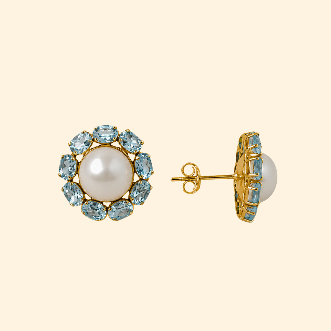 Sunflower Earrings in Pearl & Aquamarine