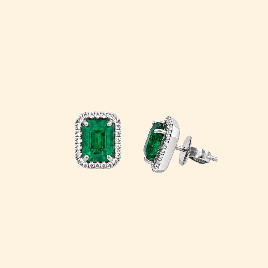 Octagon Zambian Emerald & Diamond Halo Stud