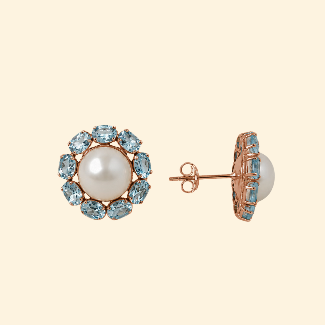 Sunflower Earrings in Pearl & Aquamarine