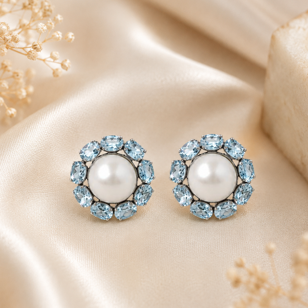 Sunflower Earrings in Pearl & Aquamarine