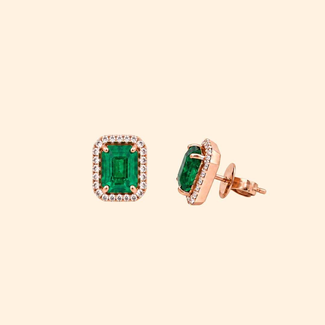Octagon Zambian Emerald & Diamond Halo Stud