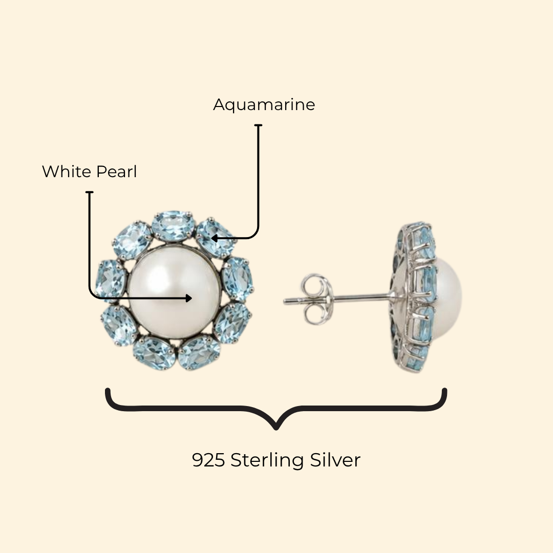 Sunflower Earrings in Pearl & Aquamarine