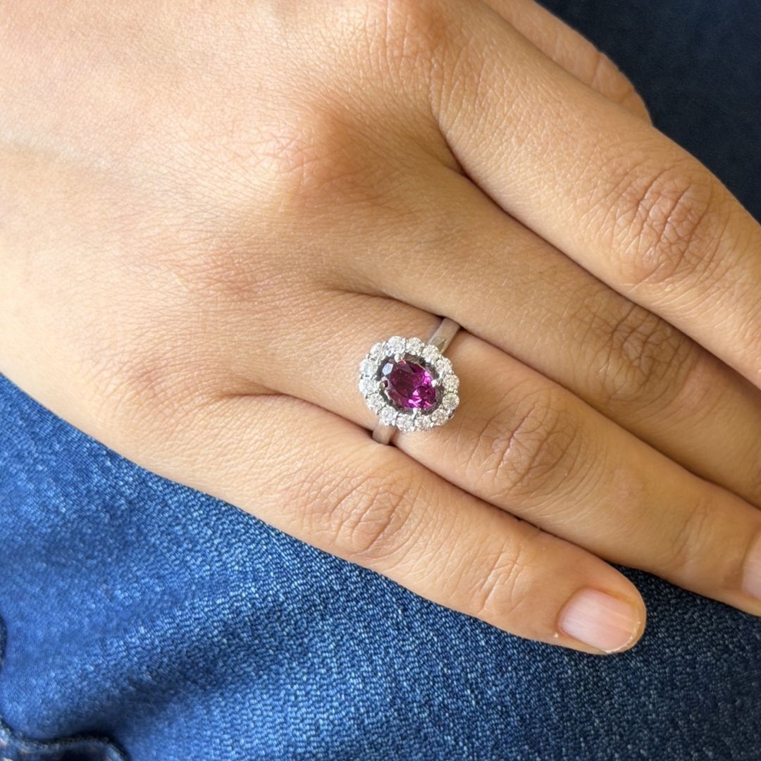 Oval Corallina Ring in Rhodolite