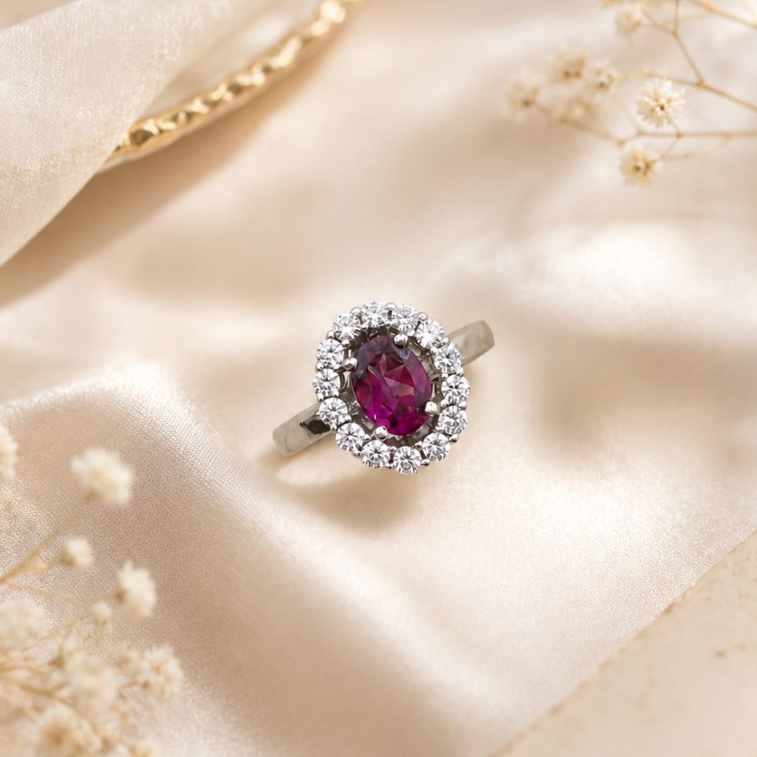 Oval Corallina Ring in Rhodolite
