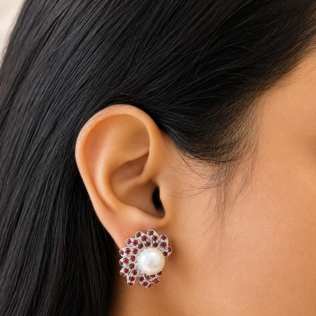Nova Earrings in White Pearl & Garnet