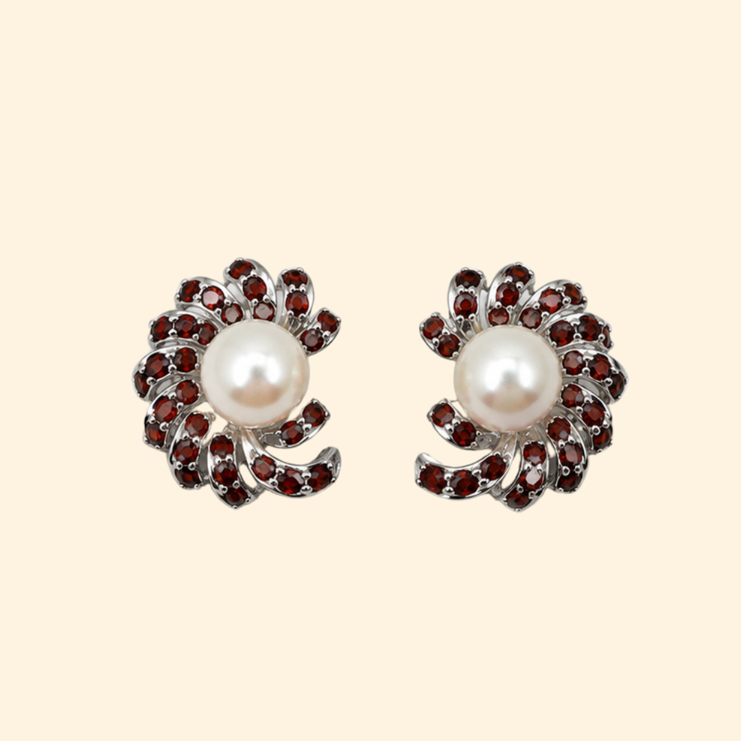 Nova Earrings in White Pearl & Garnet