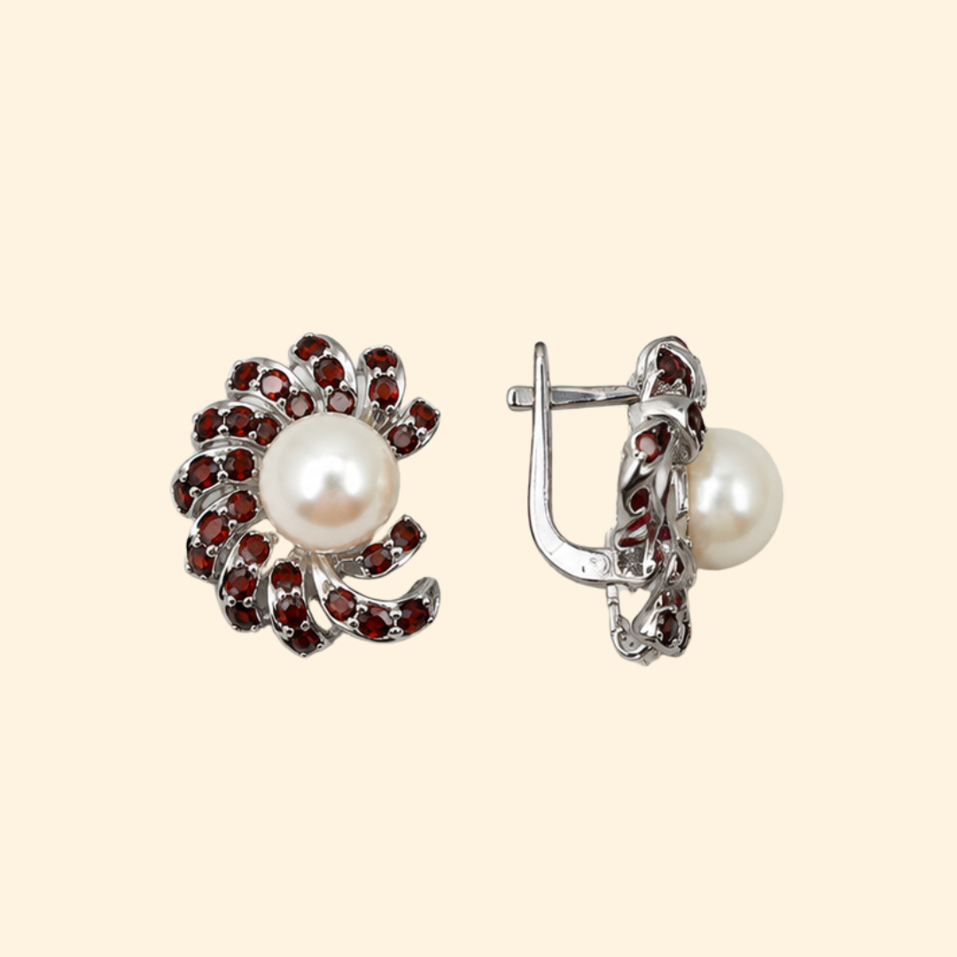 Nova Earrings in White Pearl & Garnet