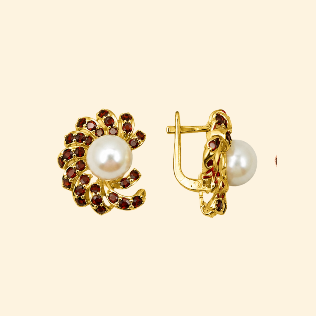 Nova Earrings in White Pearl & Garnet