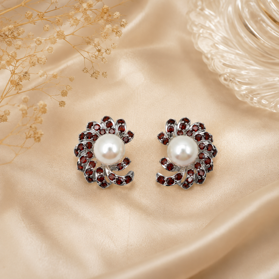 Nova Earrings in White Pearl & Garnet