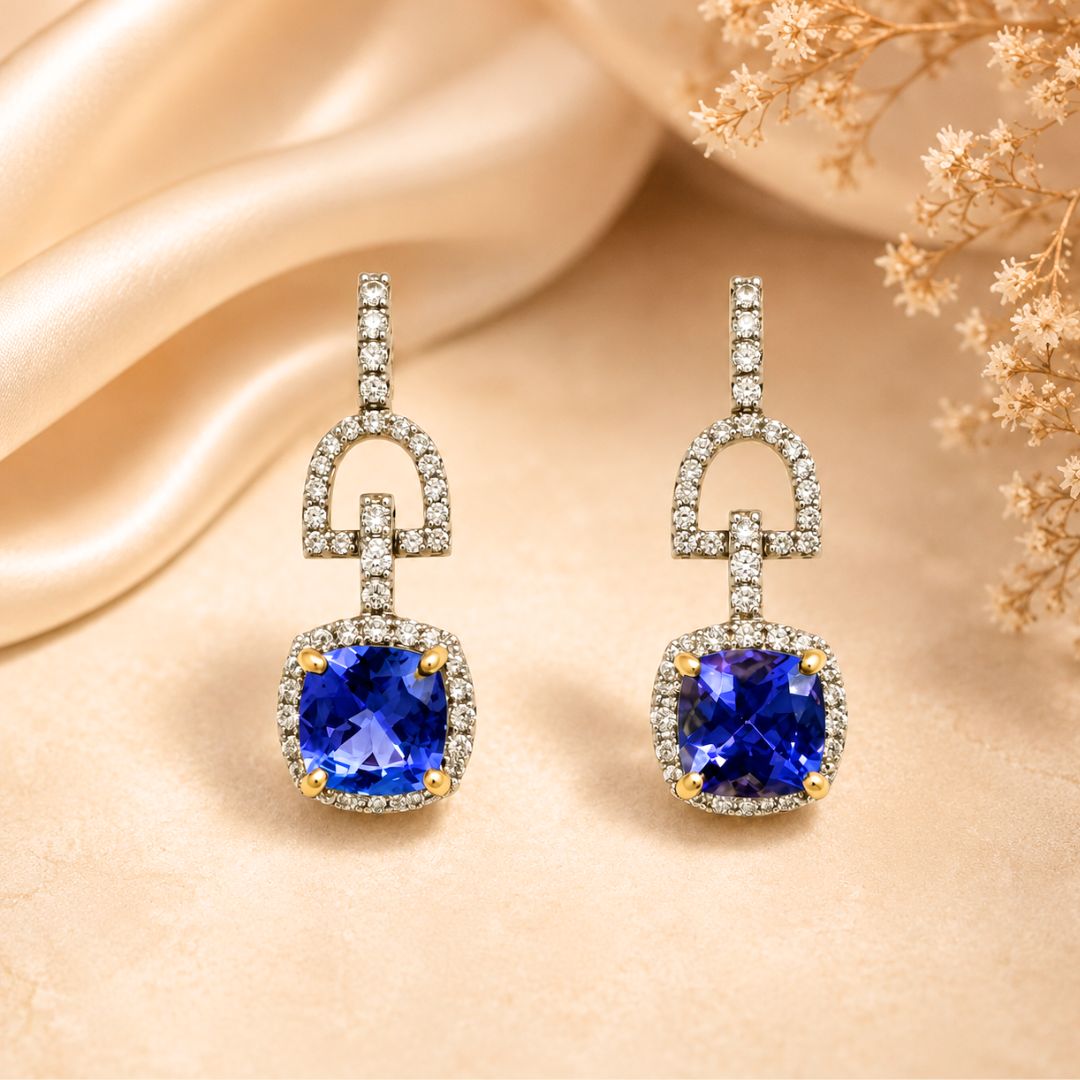 Cushion Tanzanite Diamond Earrings