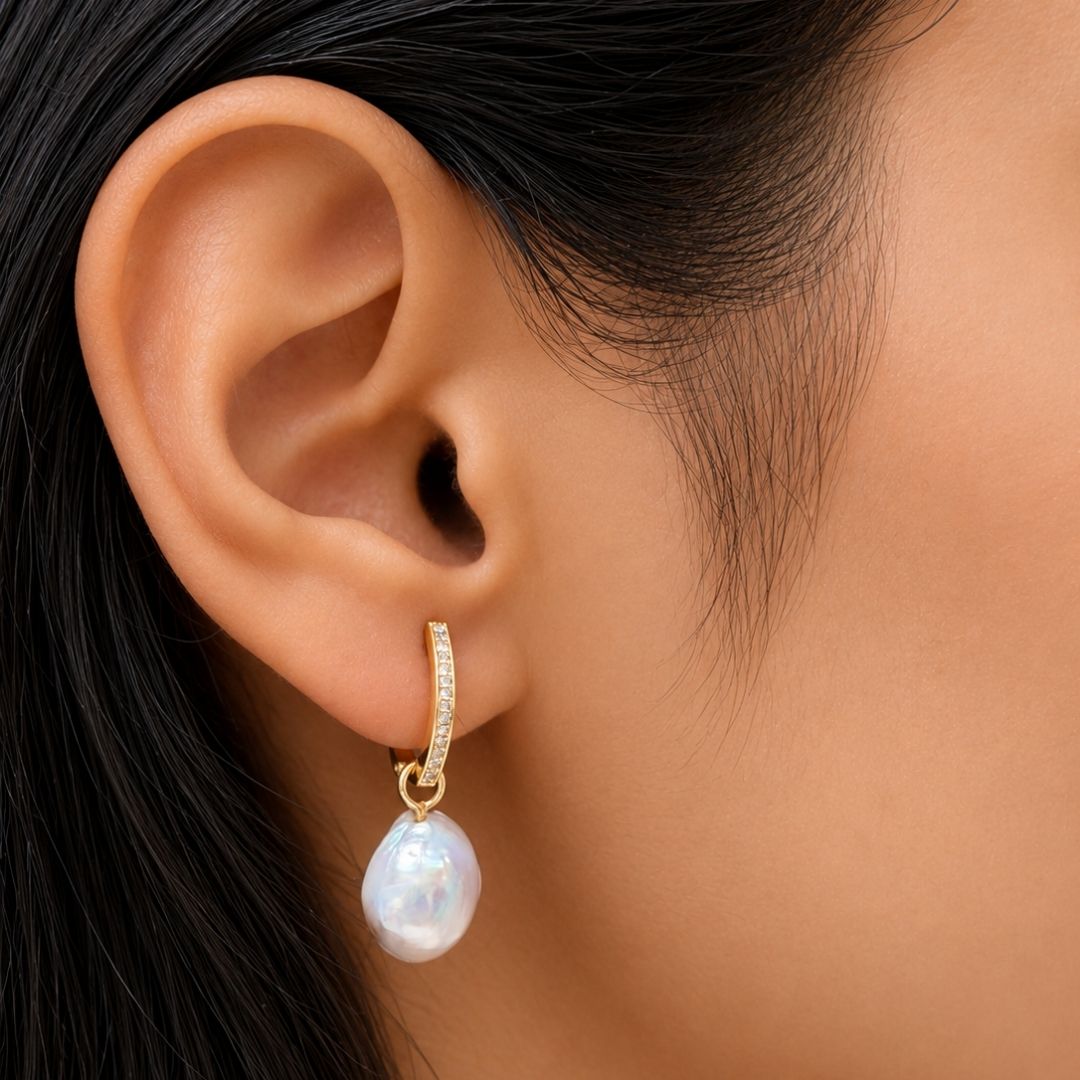 Diamond Huggies with Baroque Pearl Drops