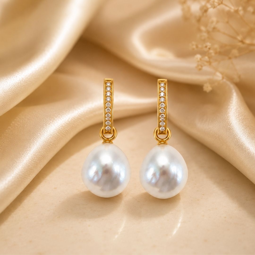 Diamond Huggies with Baroque Pearl Drops