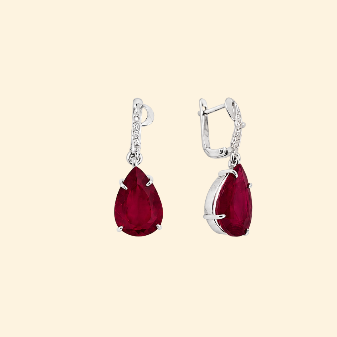 Pear Ruby Diamond Dangling Earrings