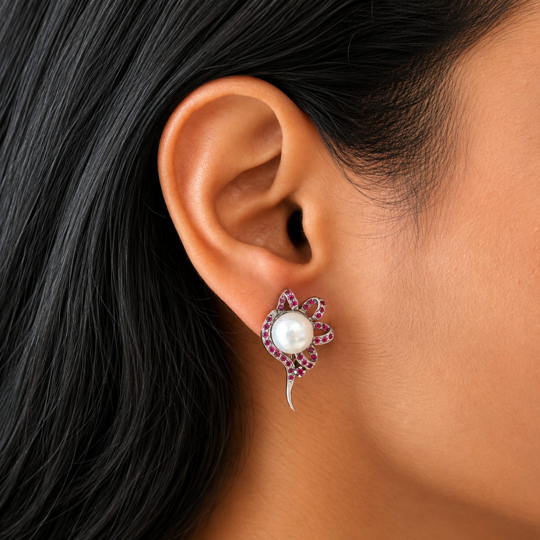 Wildflower Earrings in White Pearl & Ruby