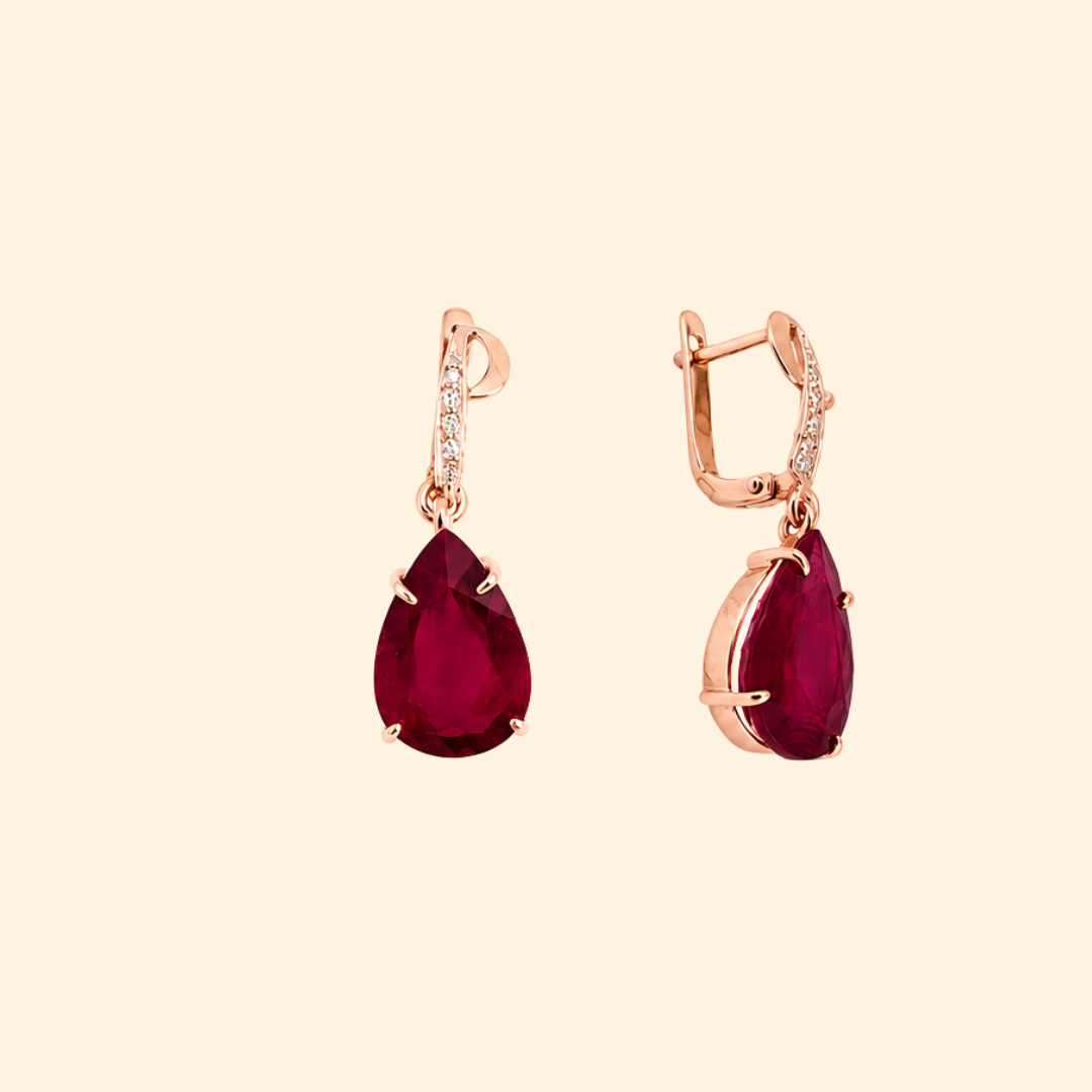 Pear Ruby Diamond Dangling Earrings