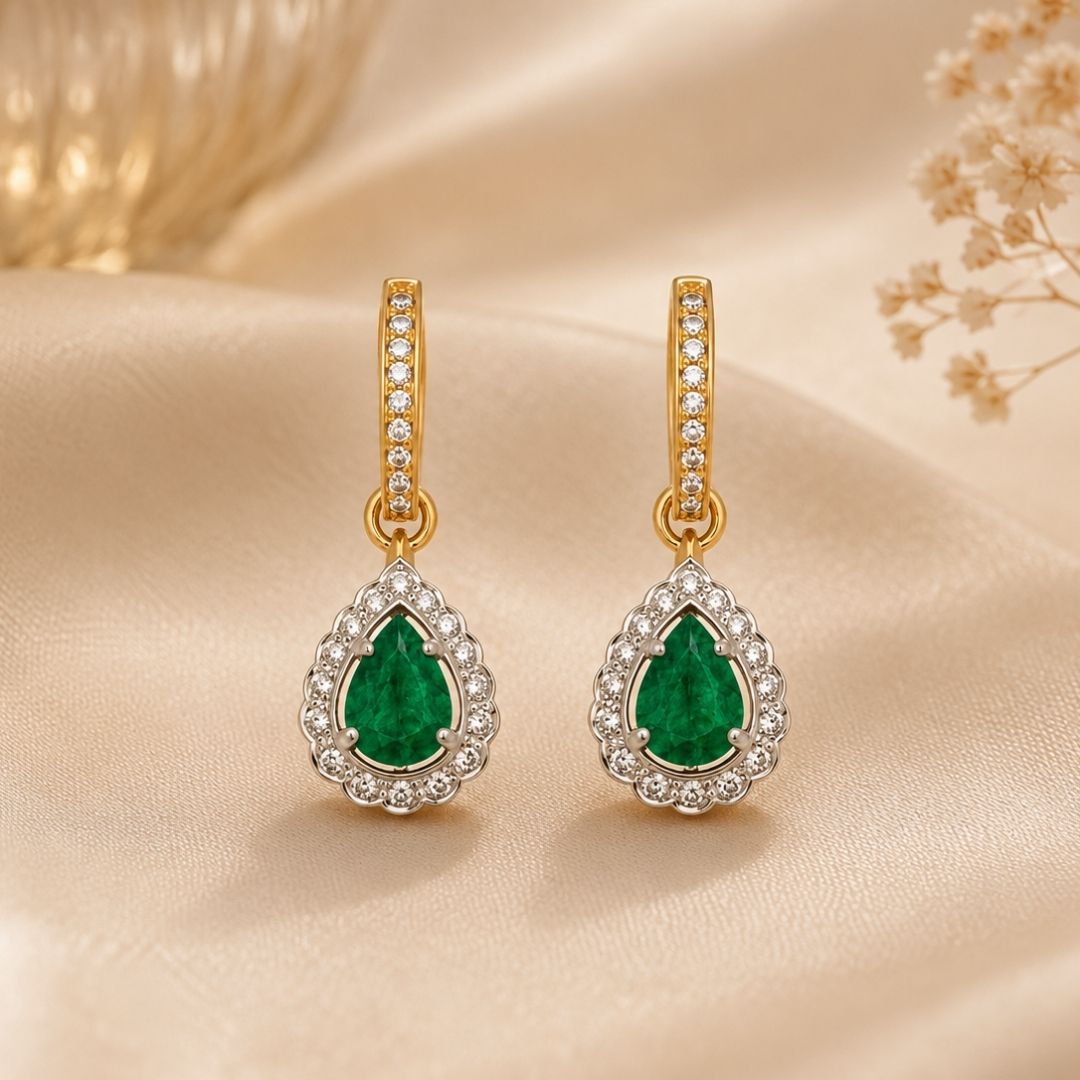 Diamond Huggies with Emerald & Diamond Drops