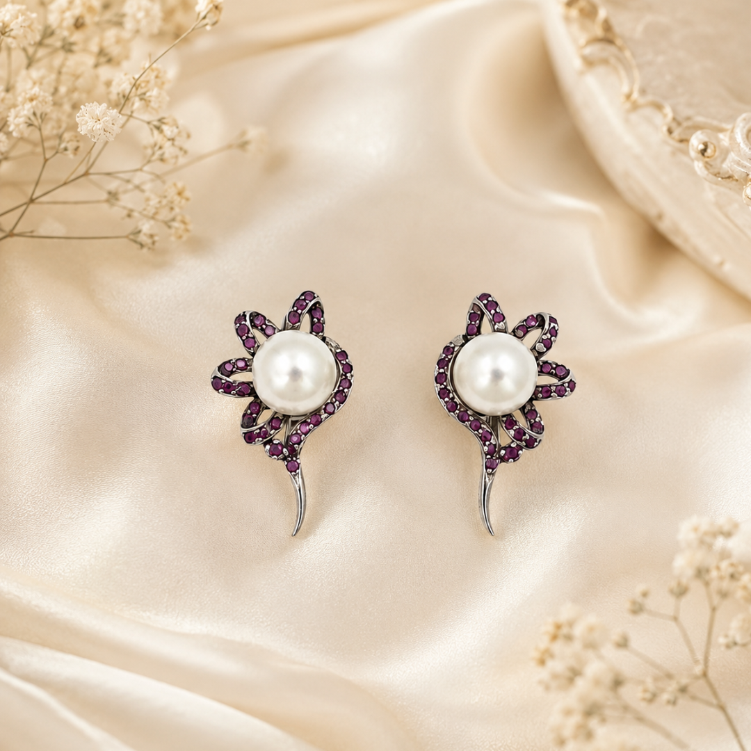 Wildflower Earrings in White Pearl & Ruby