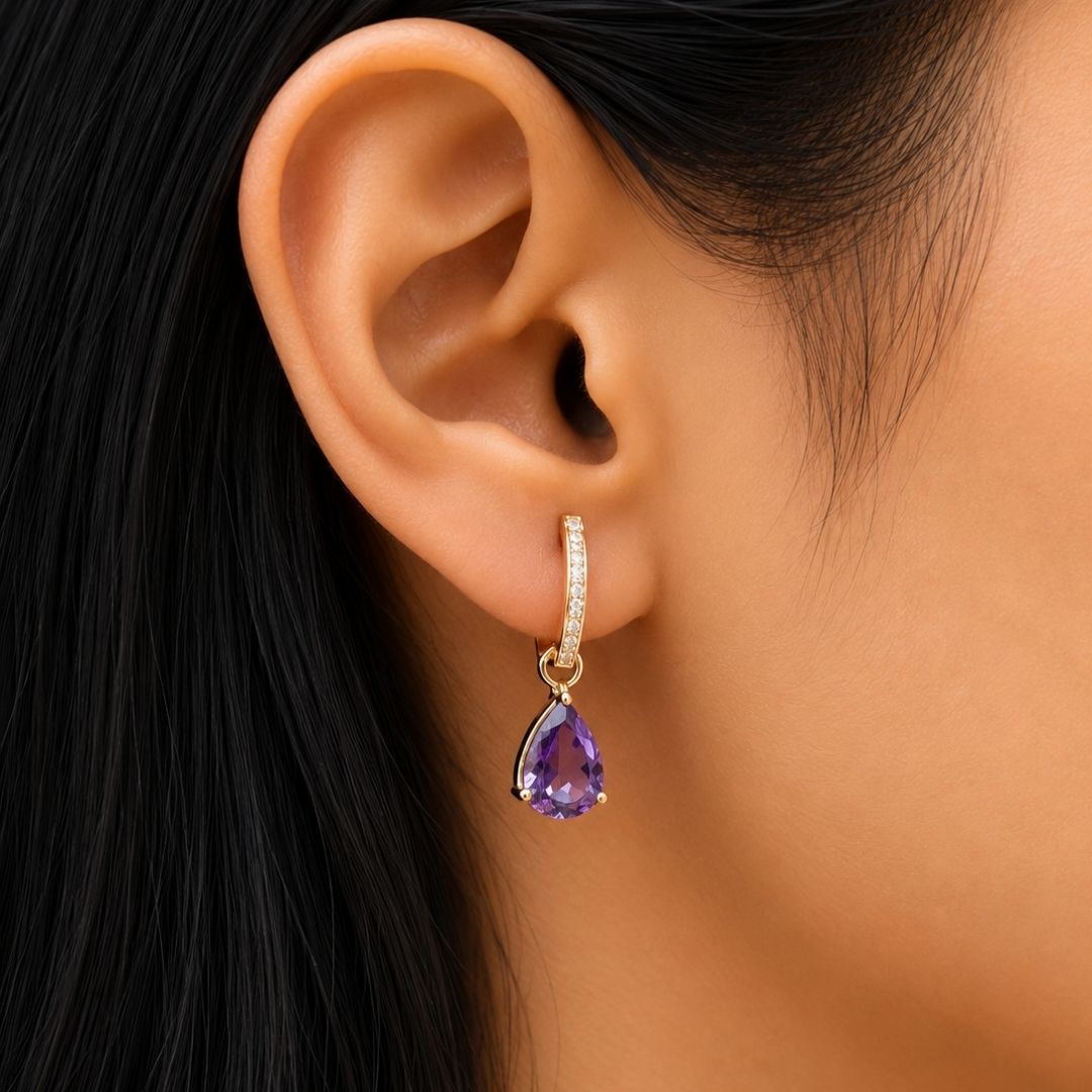 Diamond Huggies with Amethyst Drops