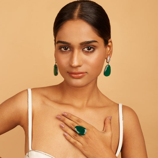 Asymmetric Green Onyx Ring and Earring Set