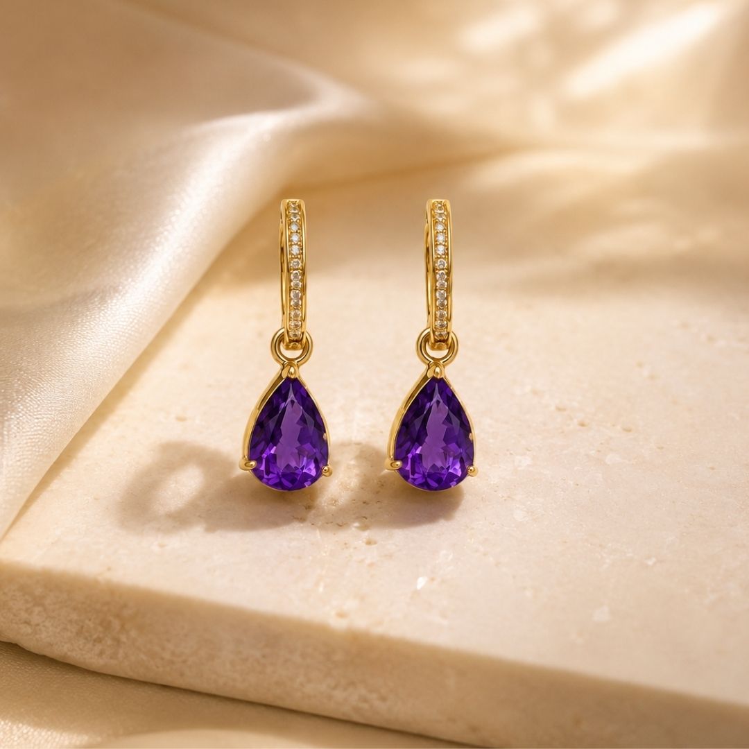 Diamond Huggies with Amethyst Drops