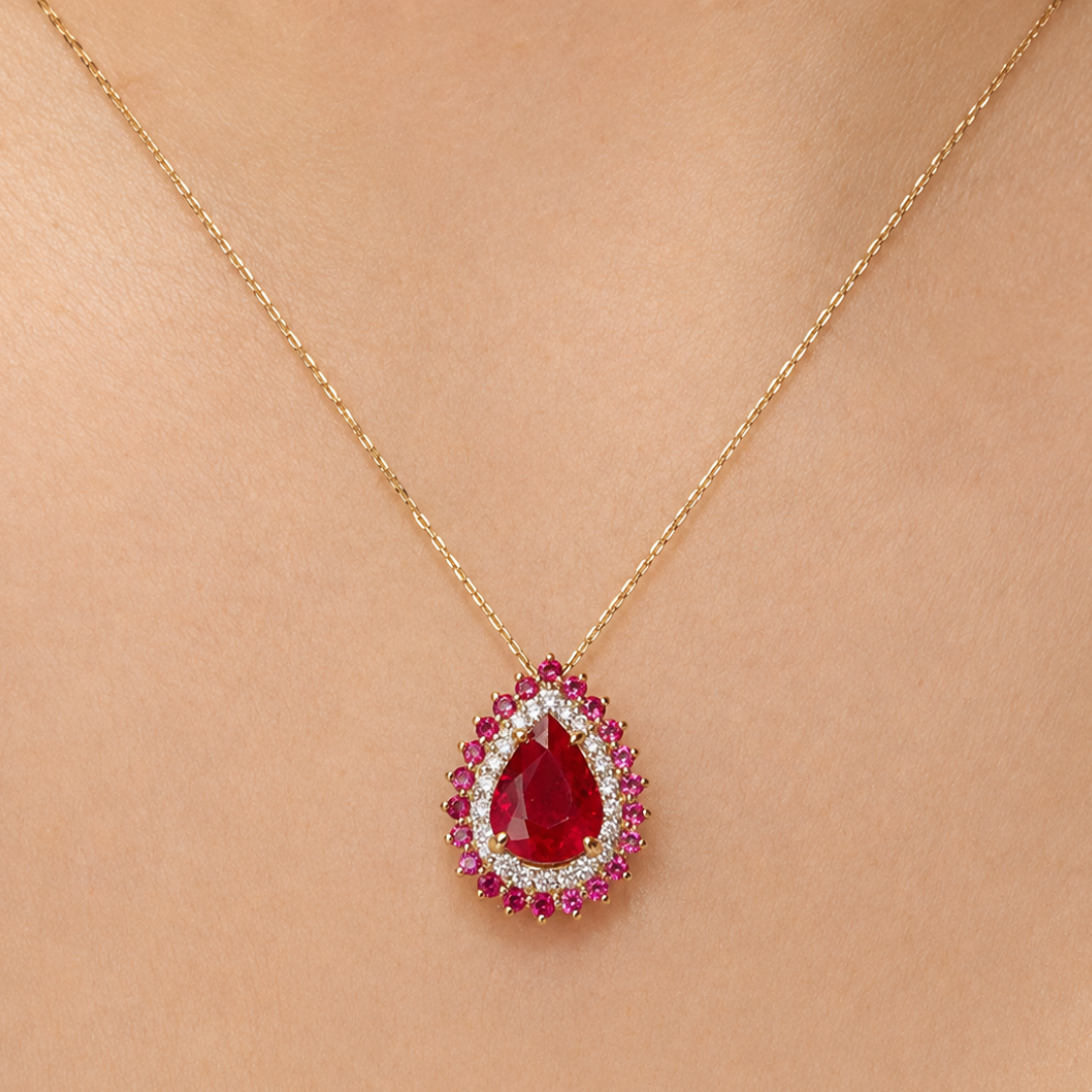 Pear Ruby Diamond Double Halo Pendant