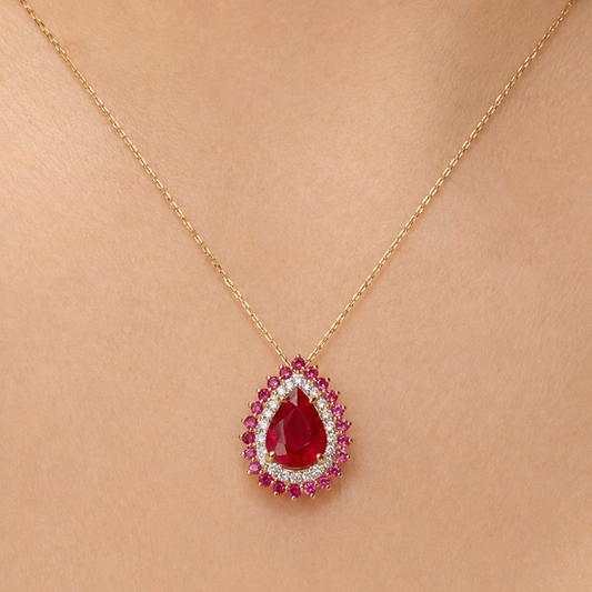 Pear Ruby Diamond Double Halo Pendant