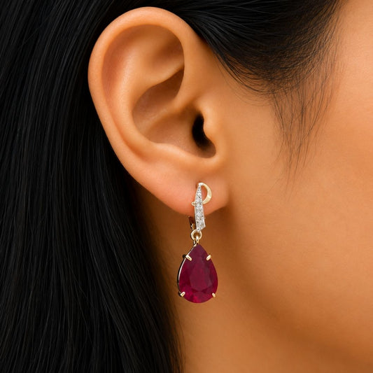 Pear Ruby Diamond Dangling Earrings
