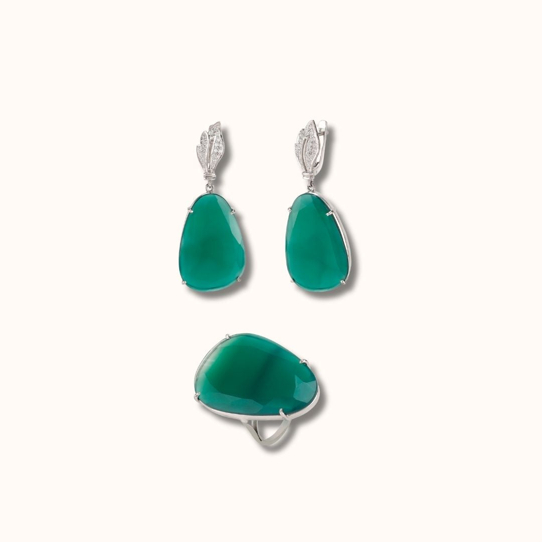 Asymmetric Green Onyx Ring and Earring Set