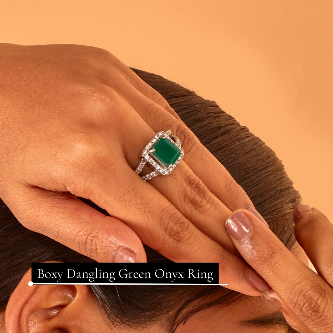 Boxy Green Onyx Ring & Earring Set