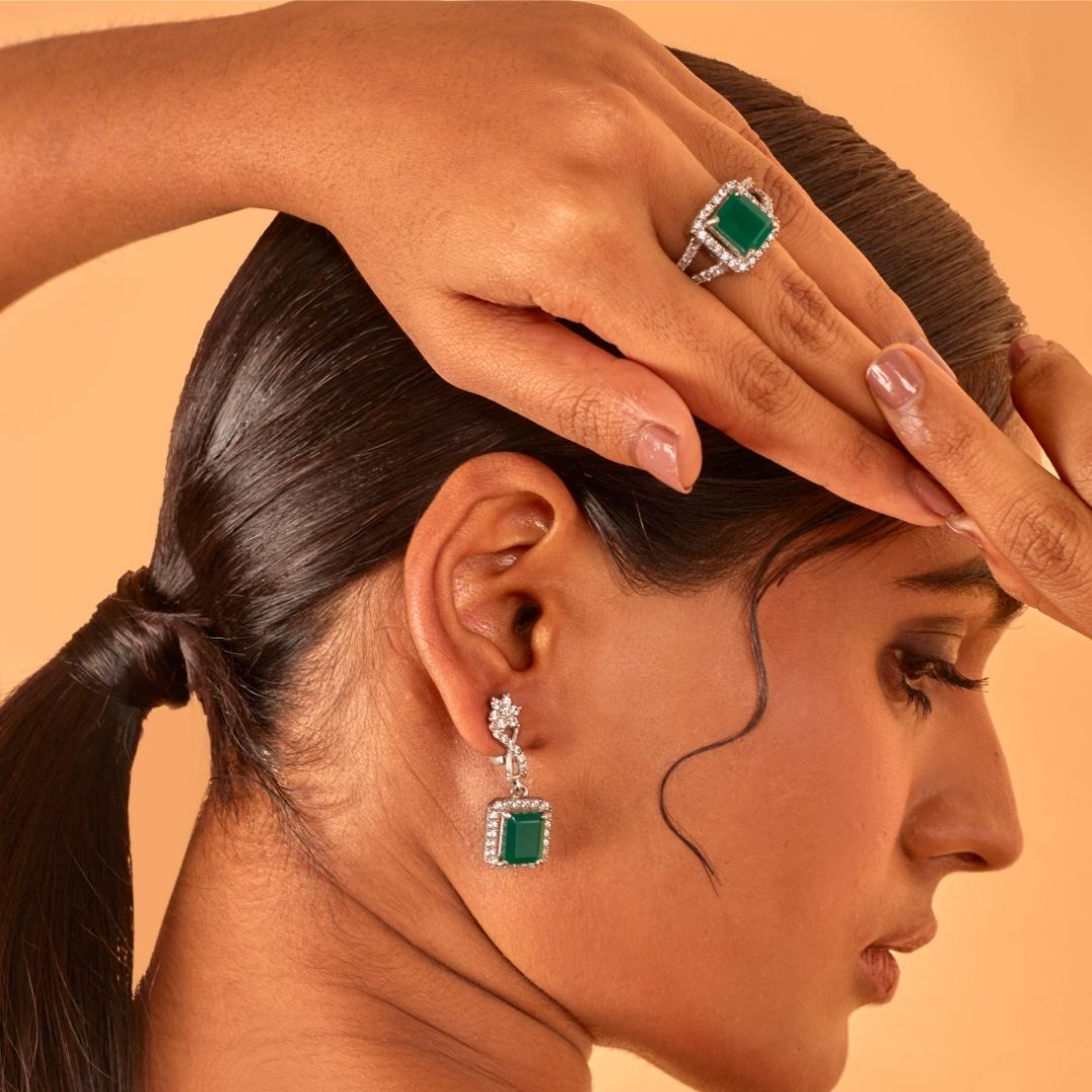 Boxy Green Onyx Ring & Earring Set