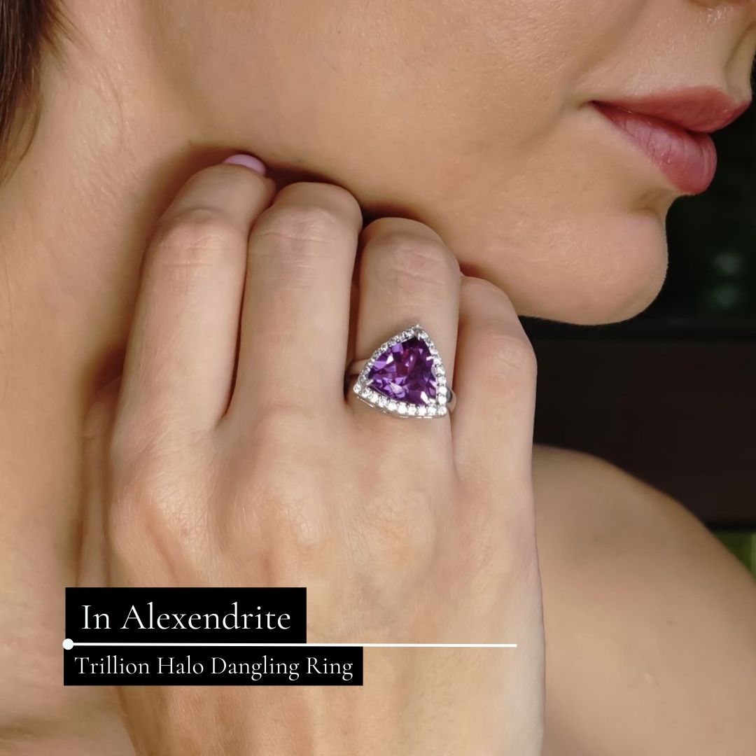 Trillion Halo Alexendrite Dangling Earrings and Ring Set