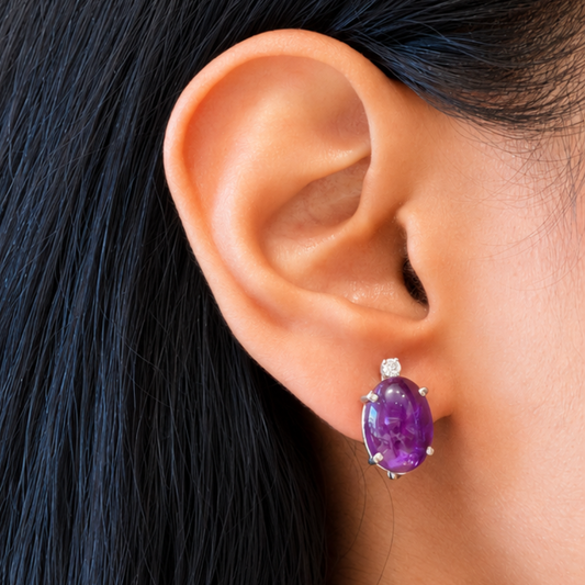 Shooting Star Oval Earrings in Cabochon Amethyst