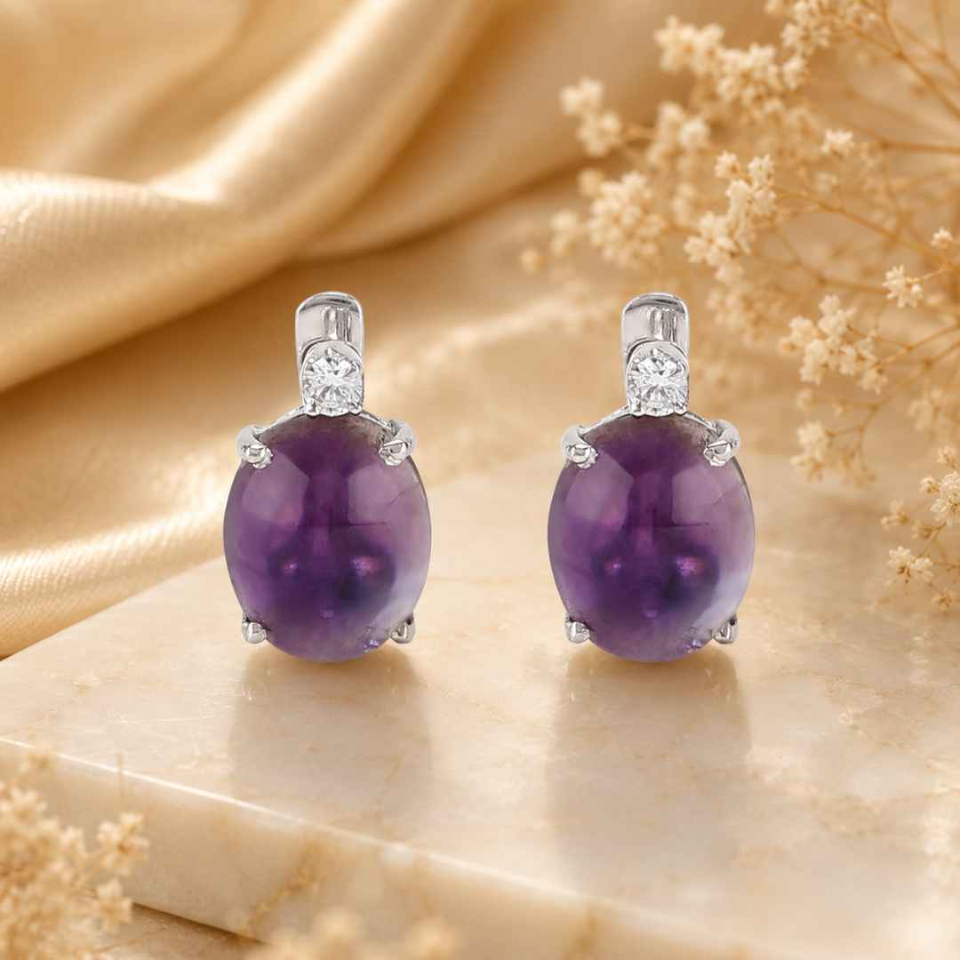 Shooting Star Oval Earrings in Cabochon Amethyst